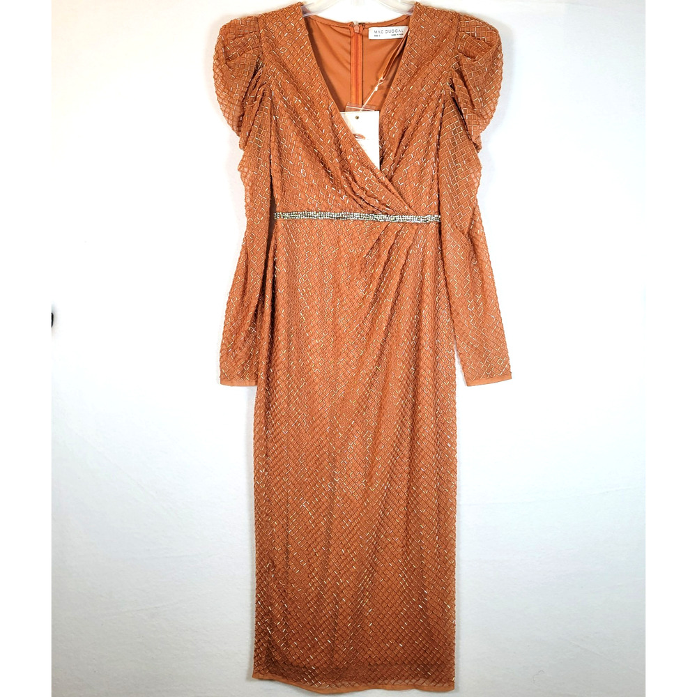 Mac Duggal Womens Beaded Puff Sleeve Midi Faux Wrap Cocktail Dress Size 2 Orange